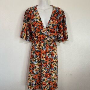 SHEIN Multicolor Orange, Yellow, Green Wrap Bodice Flowy Floral Midi S/S Dress